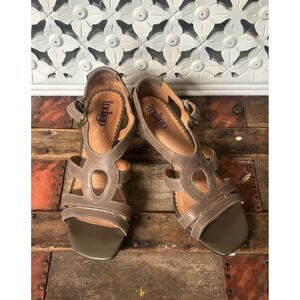 Indigo by Clarks Womens Taupe Leather Block Heel Strappy Sandals 8M